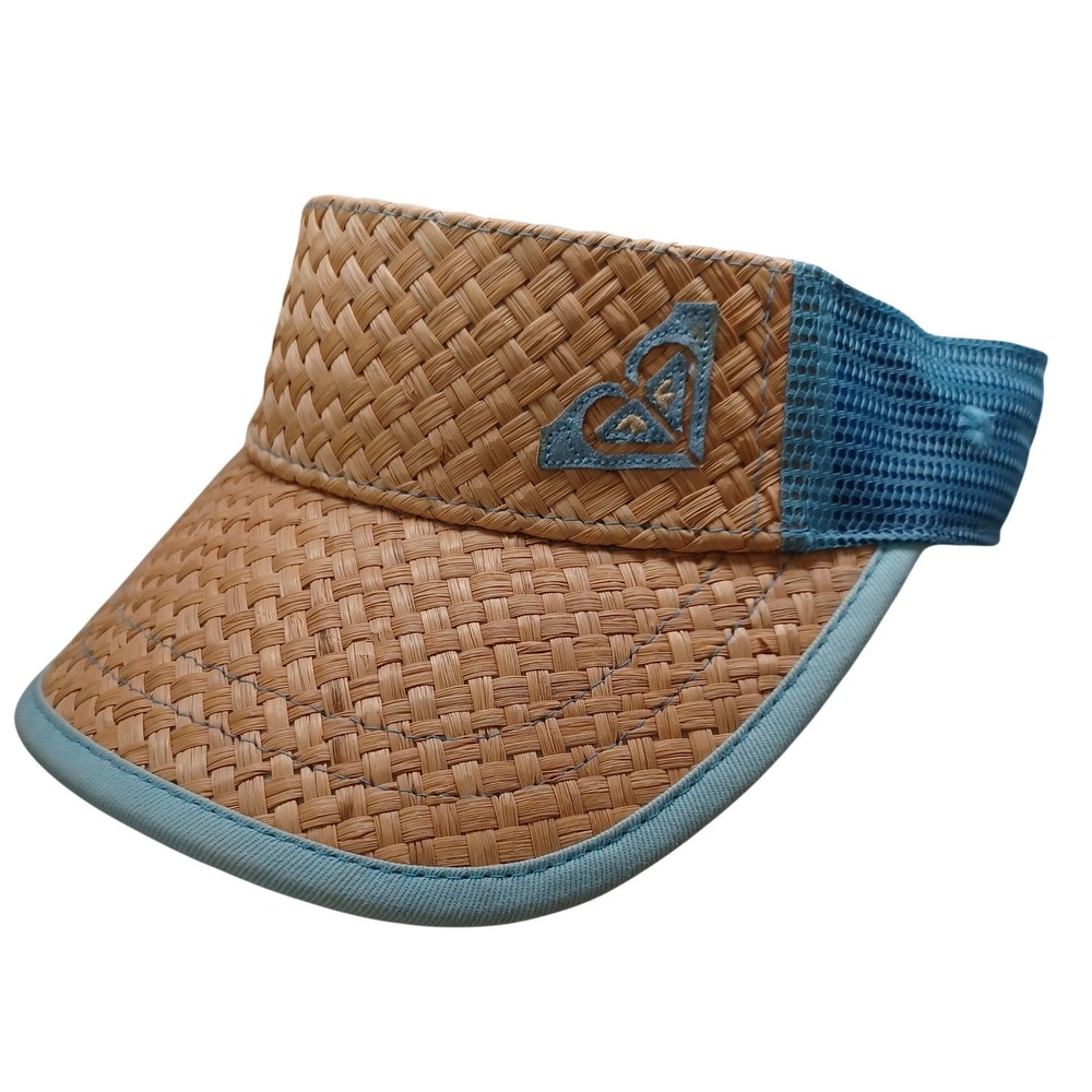 Roxy Visor Sun Hat Straw Rattan Detail Blue Adjustable Beach Wear